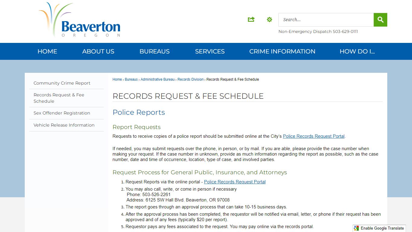 Records Request & Fee Schedule | Beaverton Police Department, OR