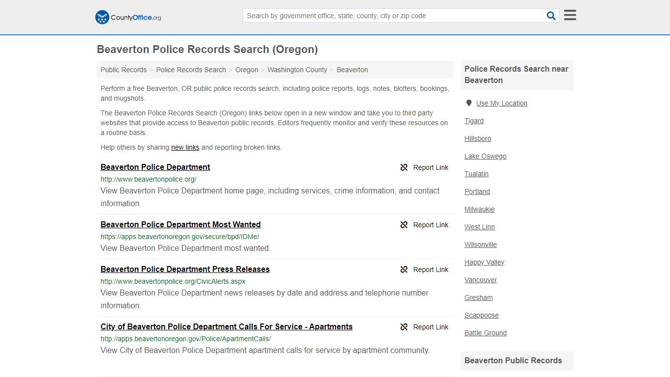 Beaverton Police Records Search (Oregon) - County Office