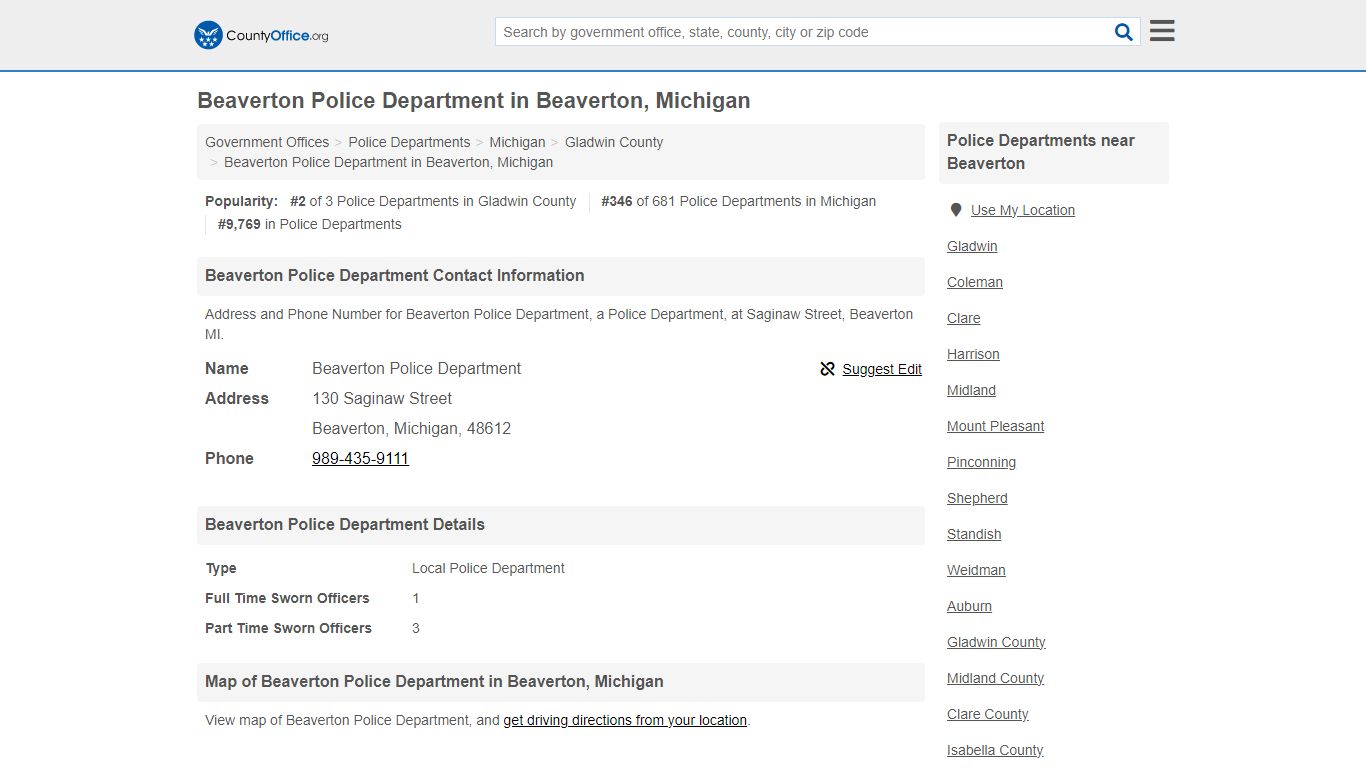 Beaverton Police Department - Beaverton, MI (Address and Phone)